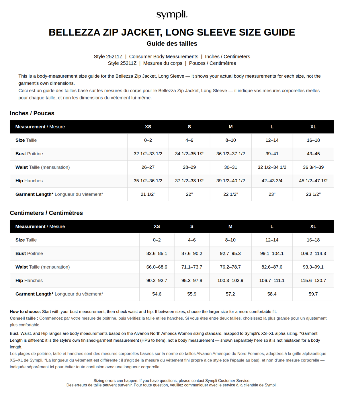 Belleza Zip Jacket size chart