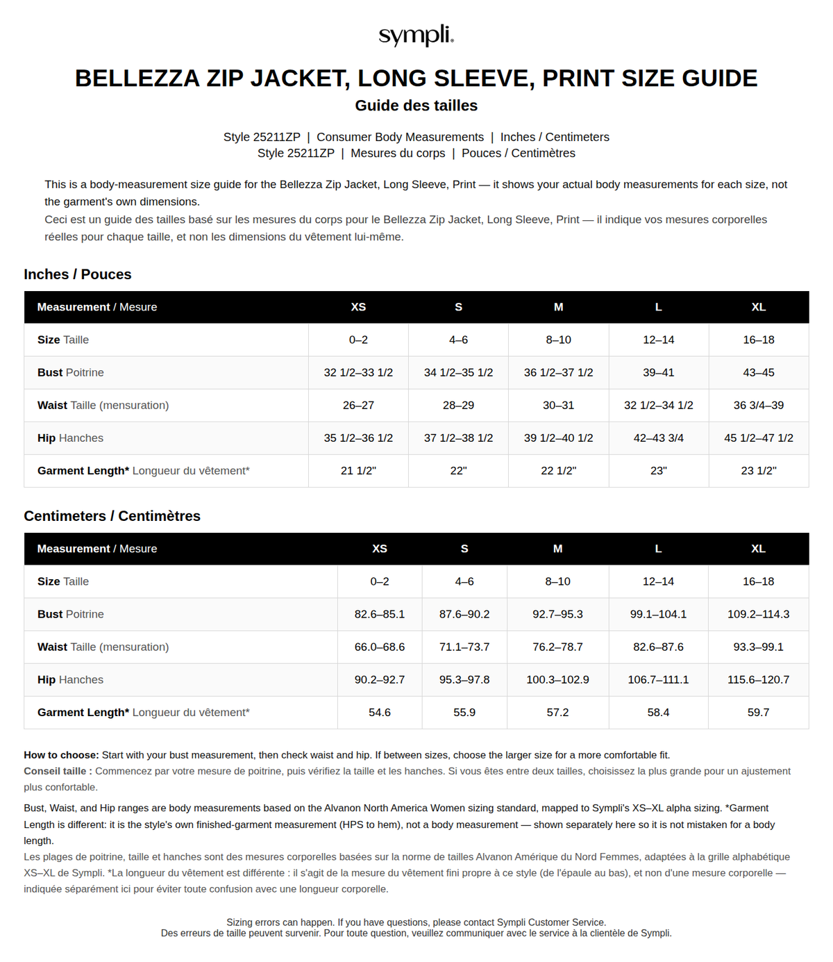 Belleza Zip Jacket Print size chart