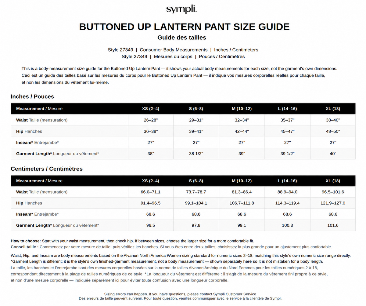 Buttoned Up Lantern Pant size chart