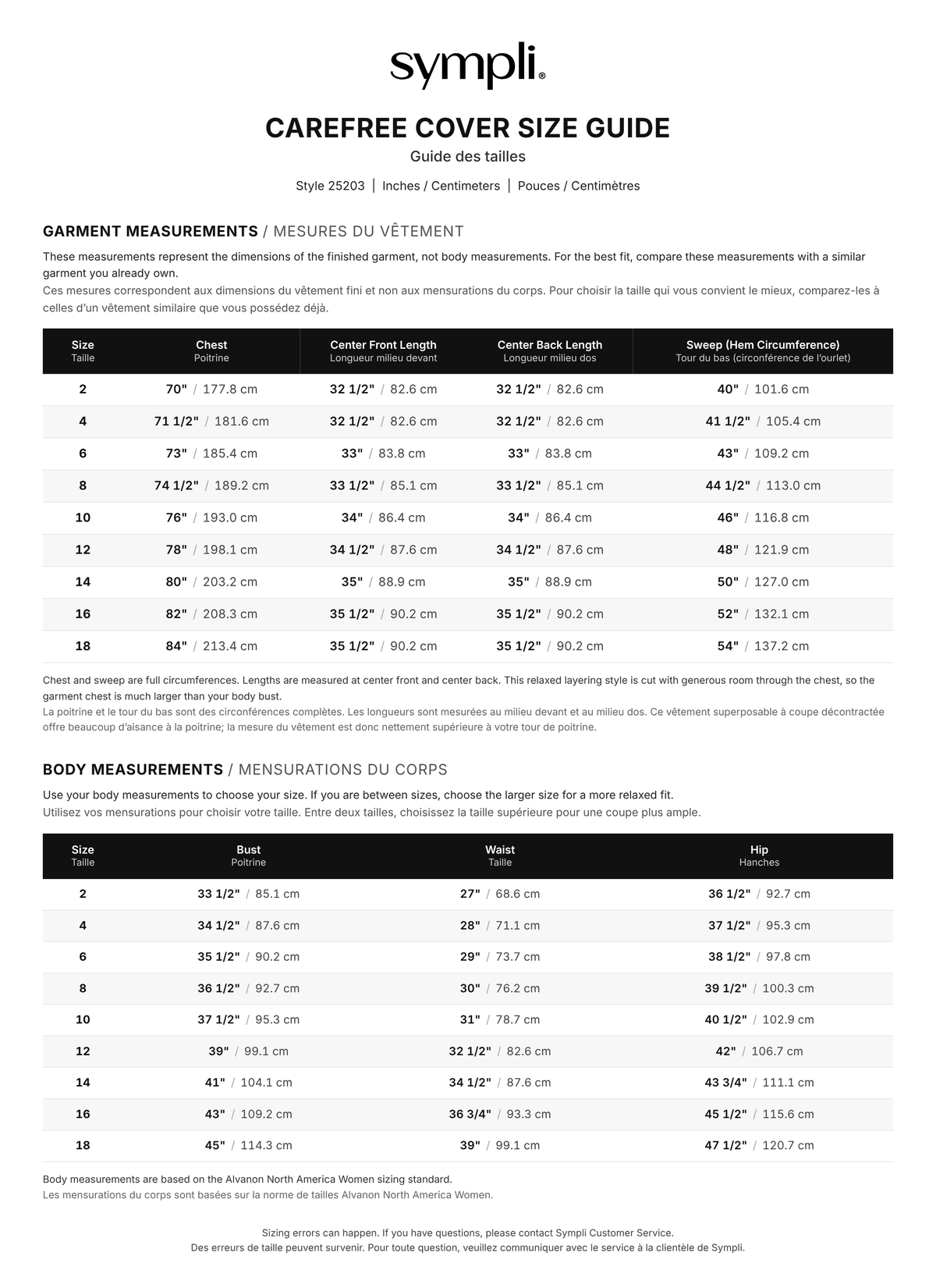Carefree Cover size chart