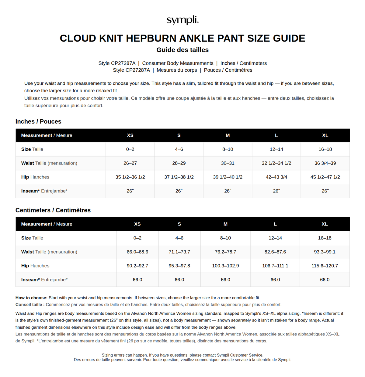 Cloud Hepburn Ankle Pant size chart