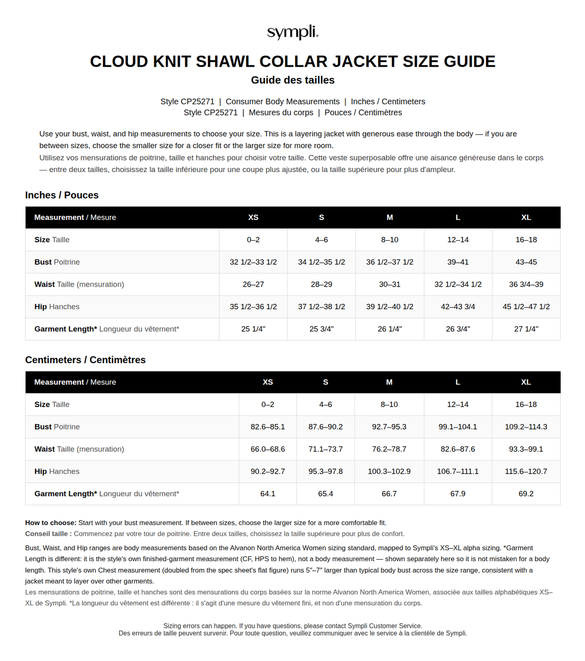 Cloud Shawl Collar Jacket size chart