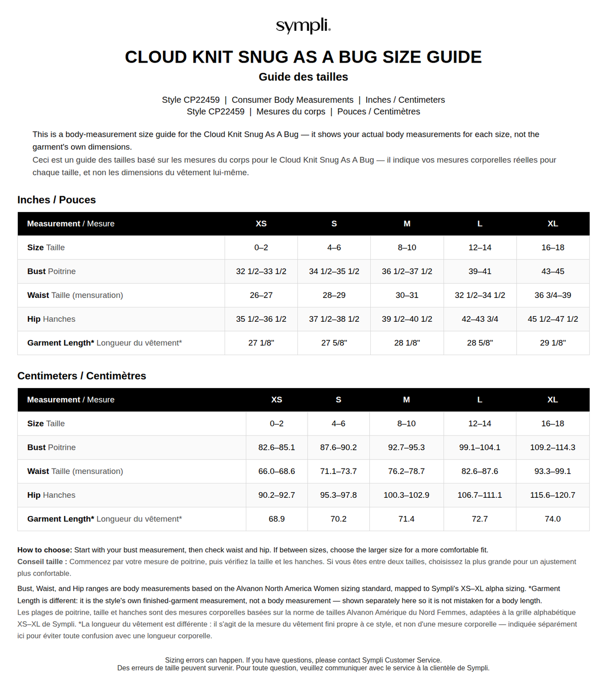 Cloud Snug as a Bug, Print size chart