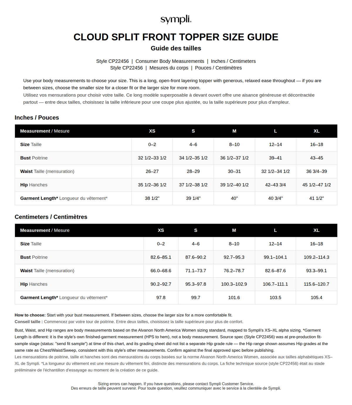 Cloud Split Front Topper size chart