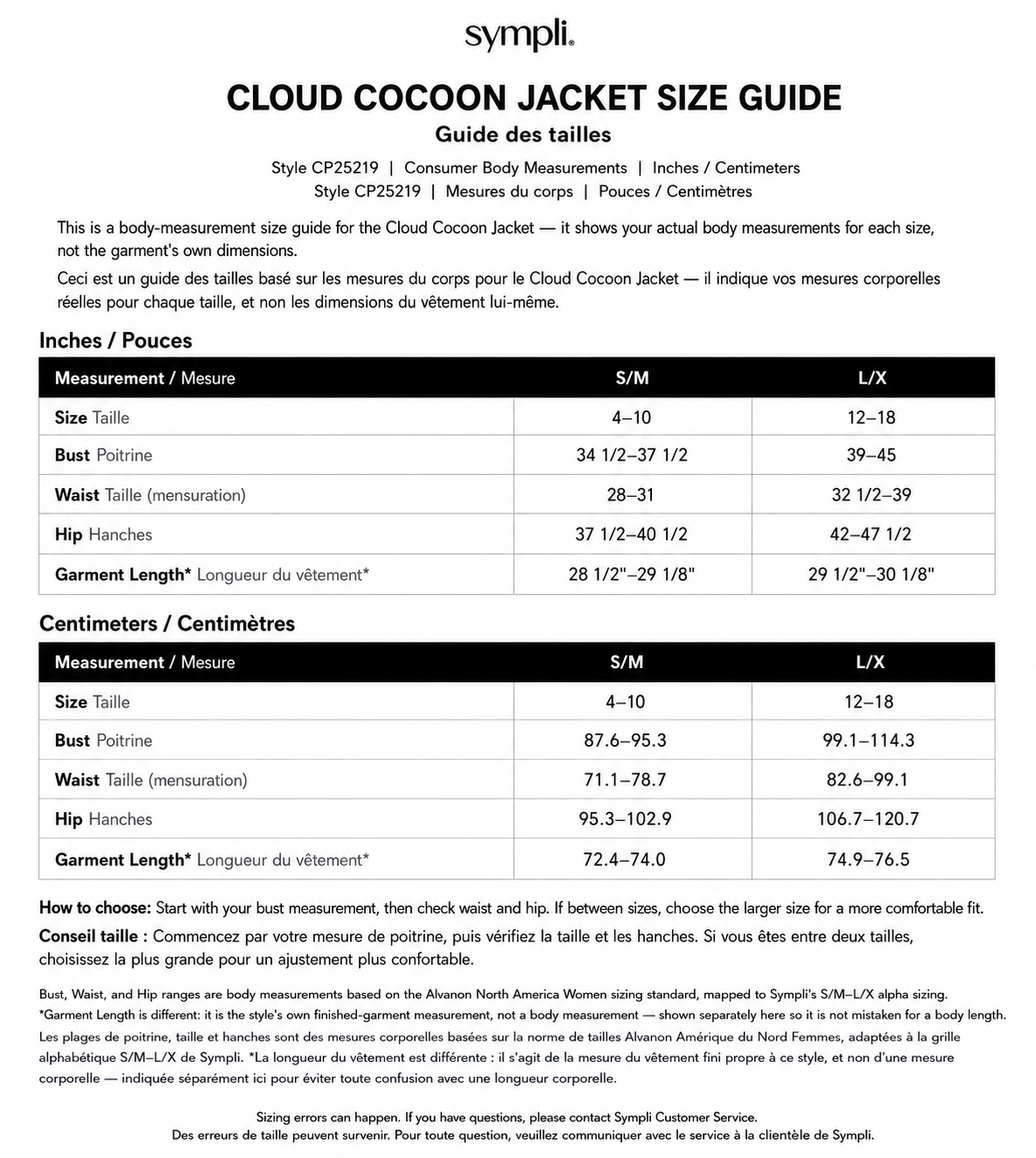 Cloud Cocoon Jacket size chart