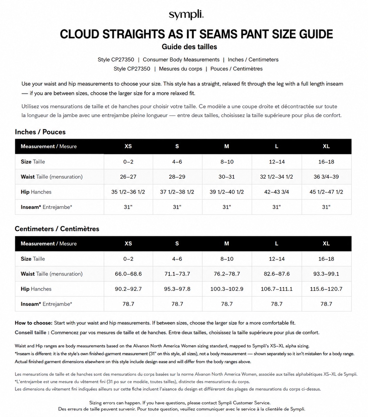 Cloud Straight As It Seams Pant size chart