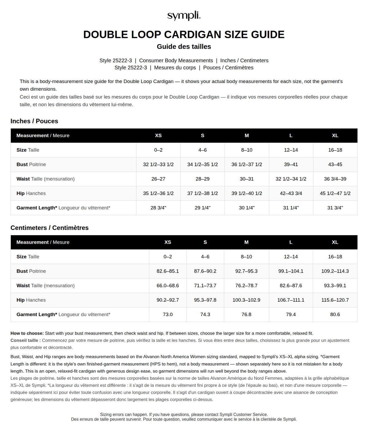 Double Loop Cardigan - Plus size chart