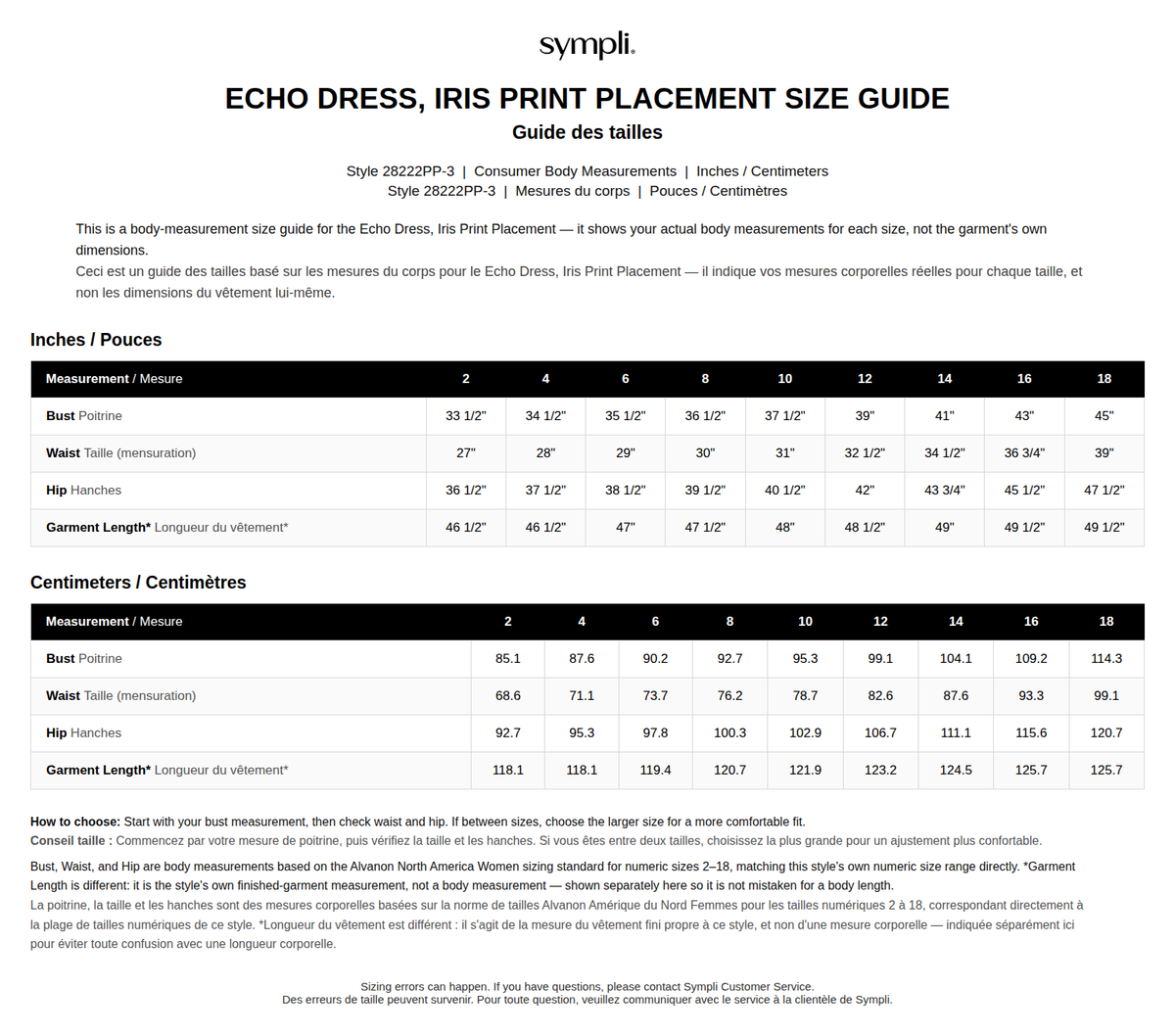 Echo Dress, Placement Print size chart