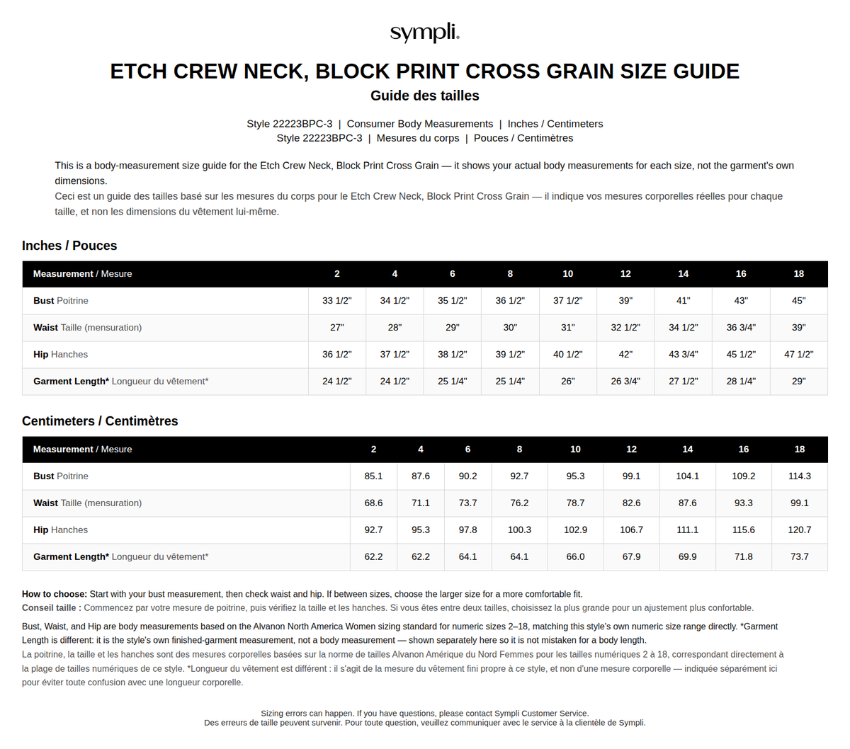 Etch Top size chart