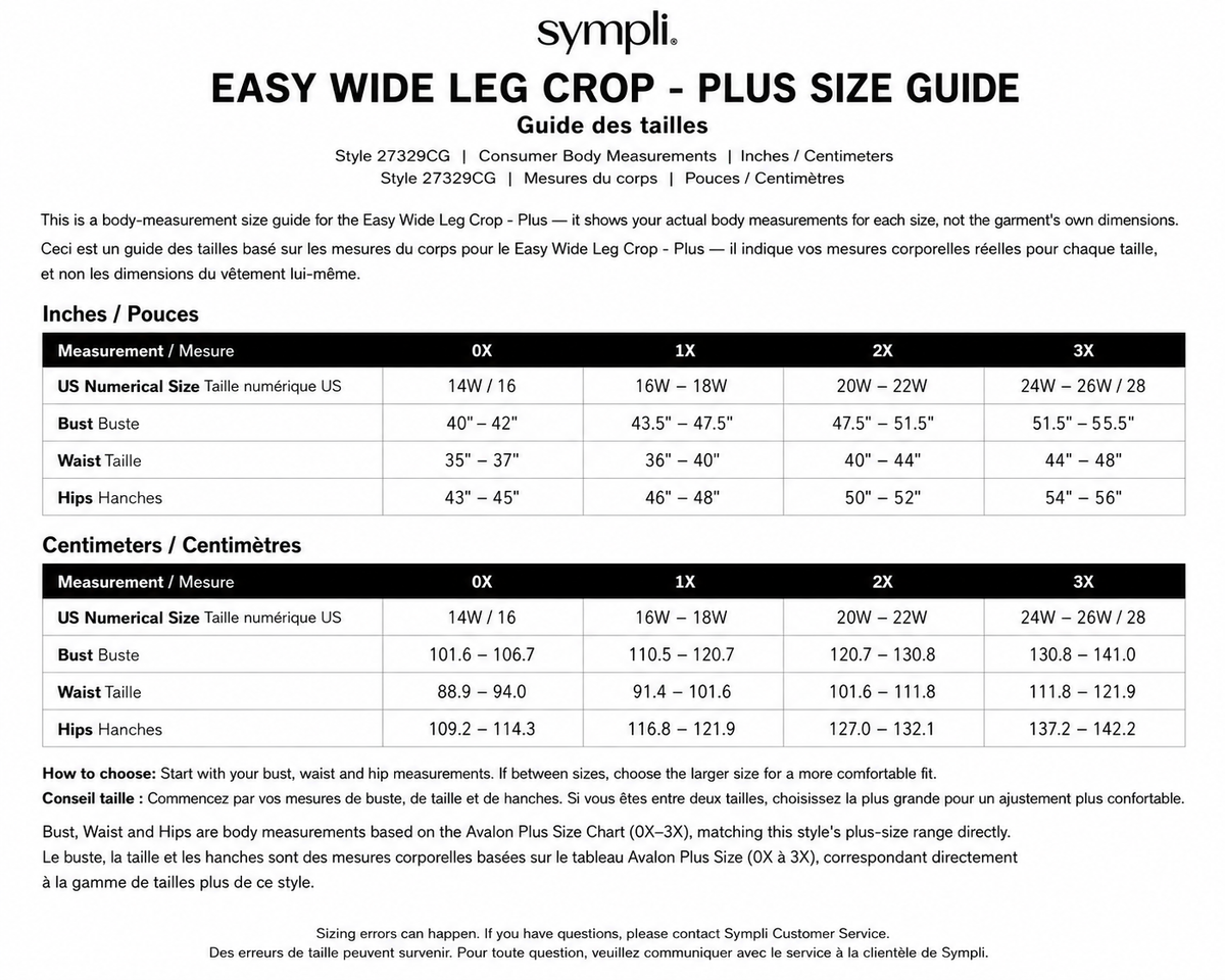 Easy Wide Leg  Crop size chart