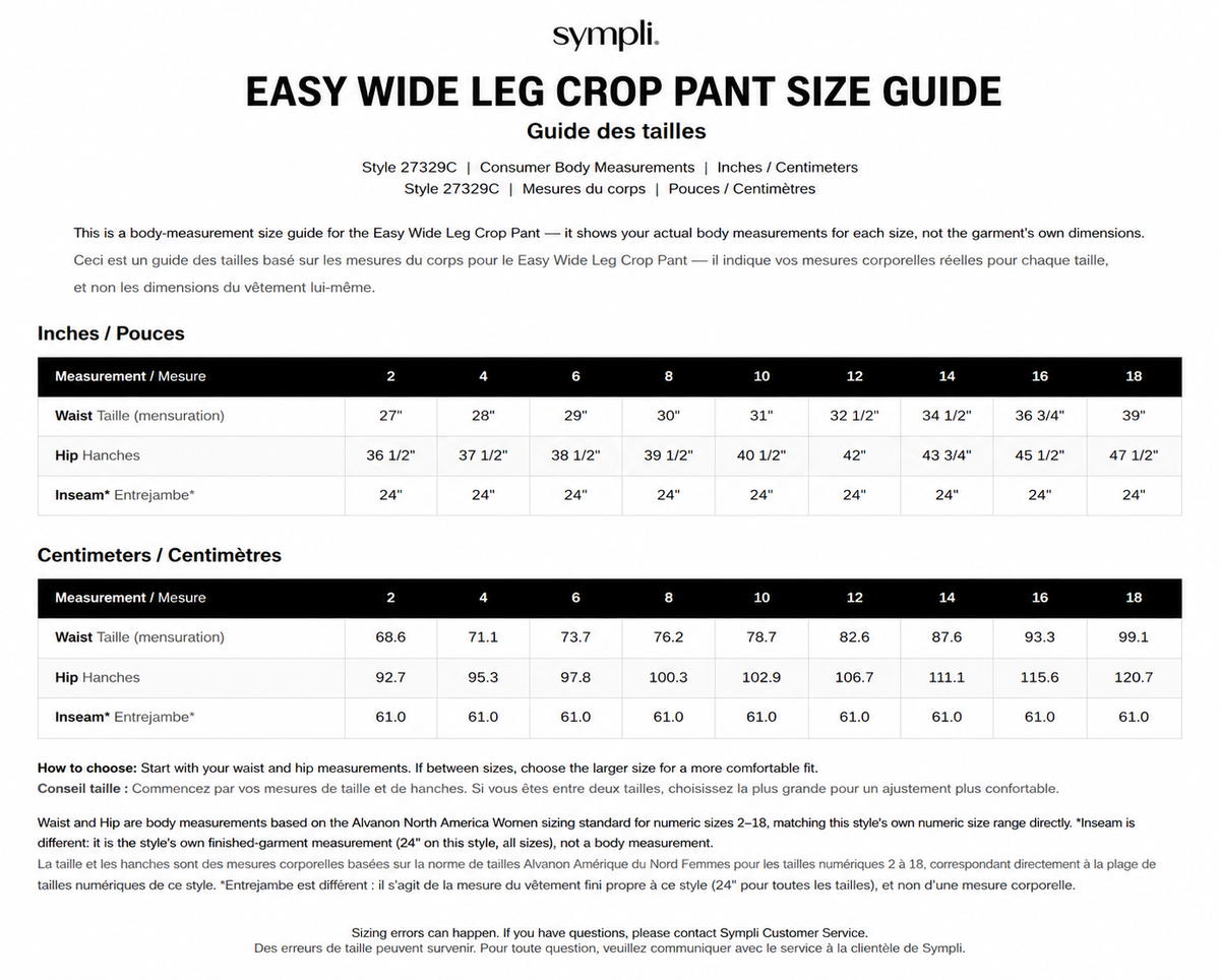 Easy Wide Leg Crop size chart