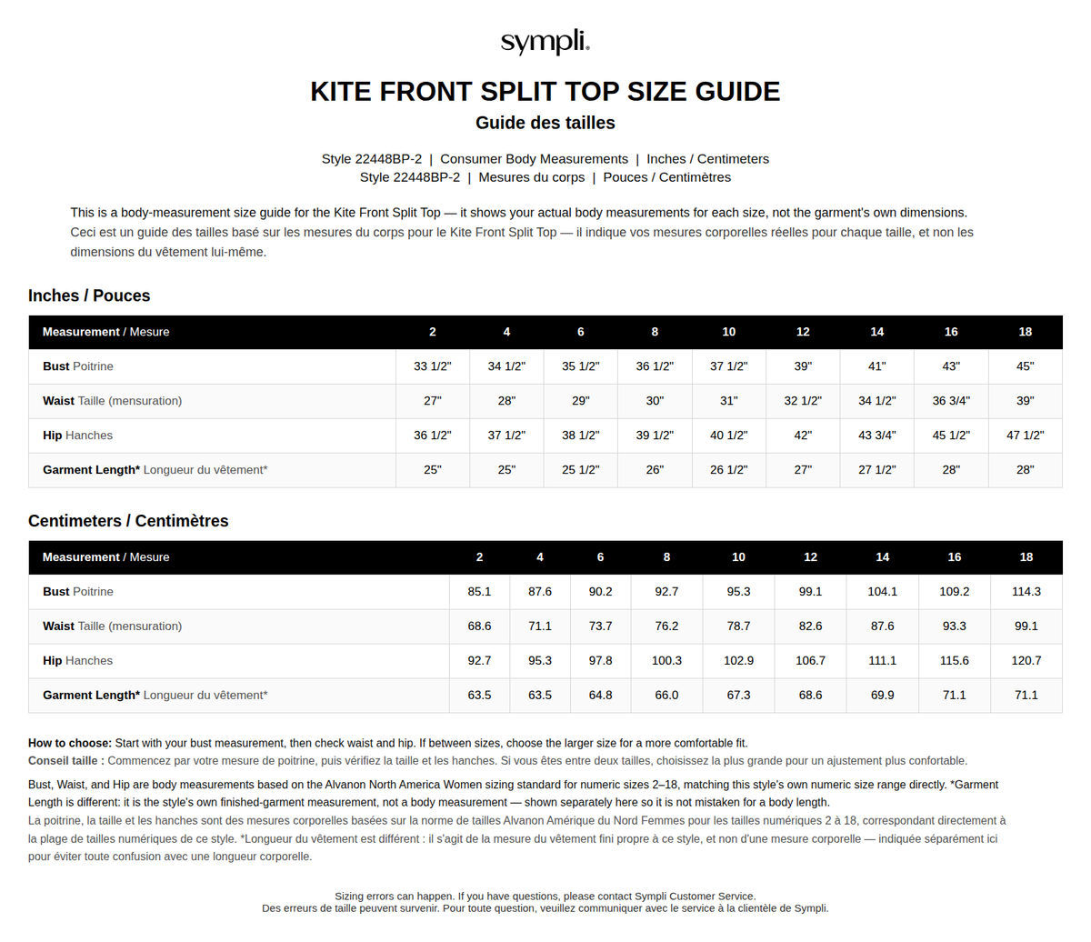Kite Front Top Block Print 3/4 Sleeve size chart