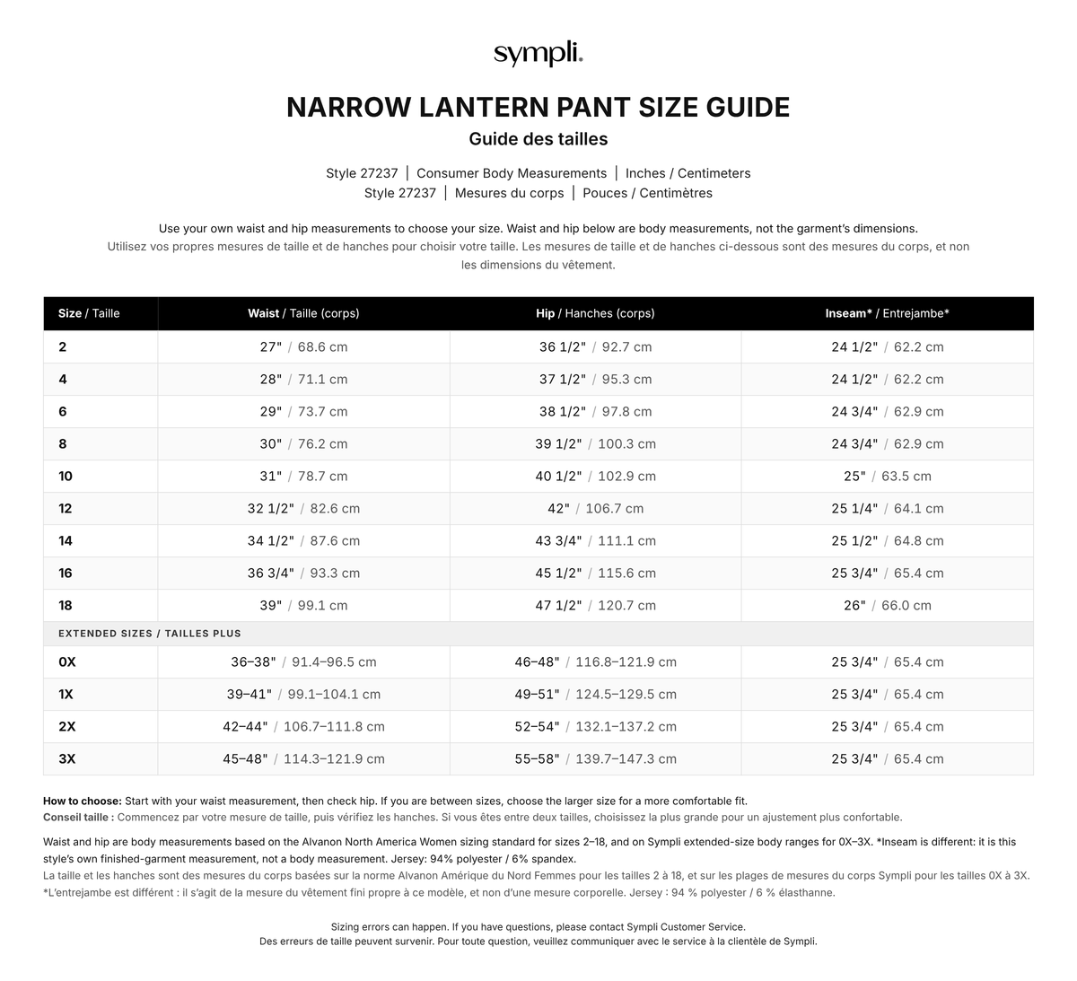 Narrow Lantern Pant size chart