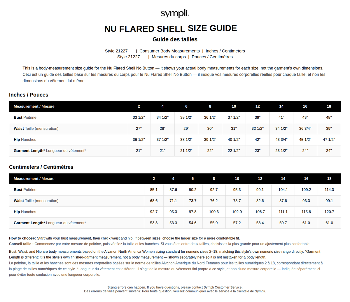Coque évasée Nu size chart