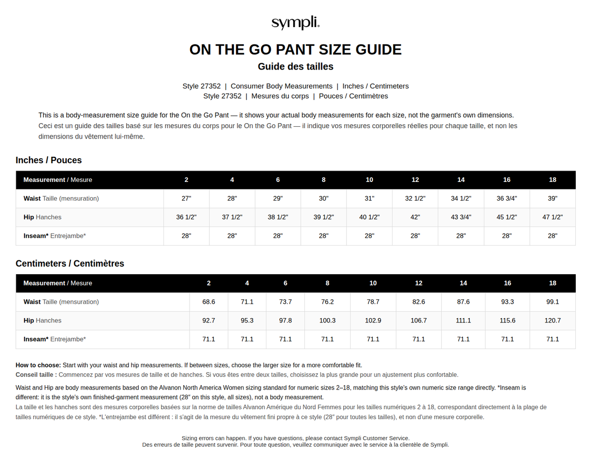 On The Go Pant size chart