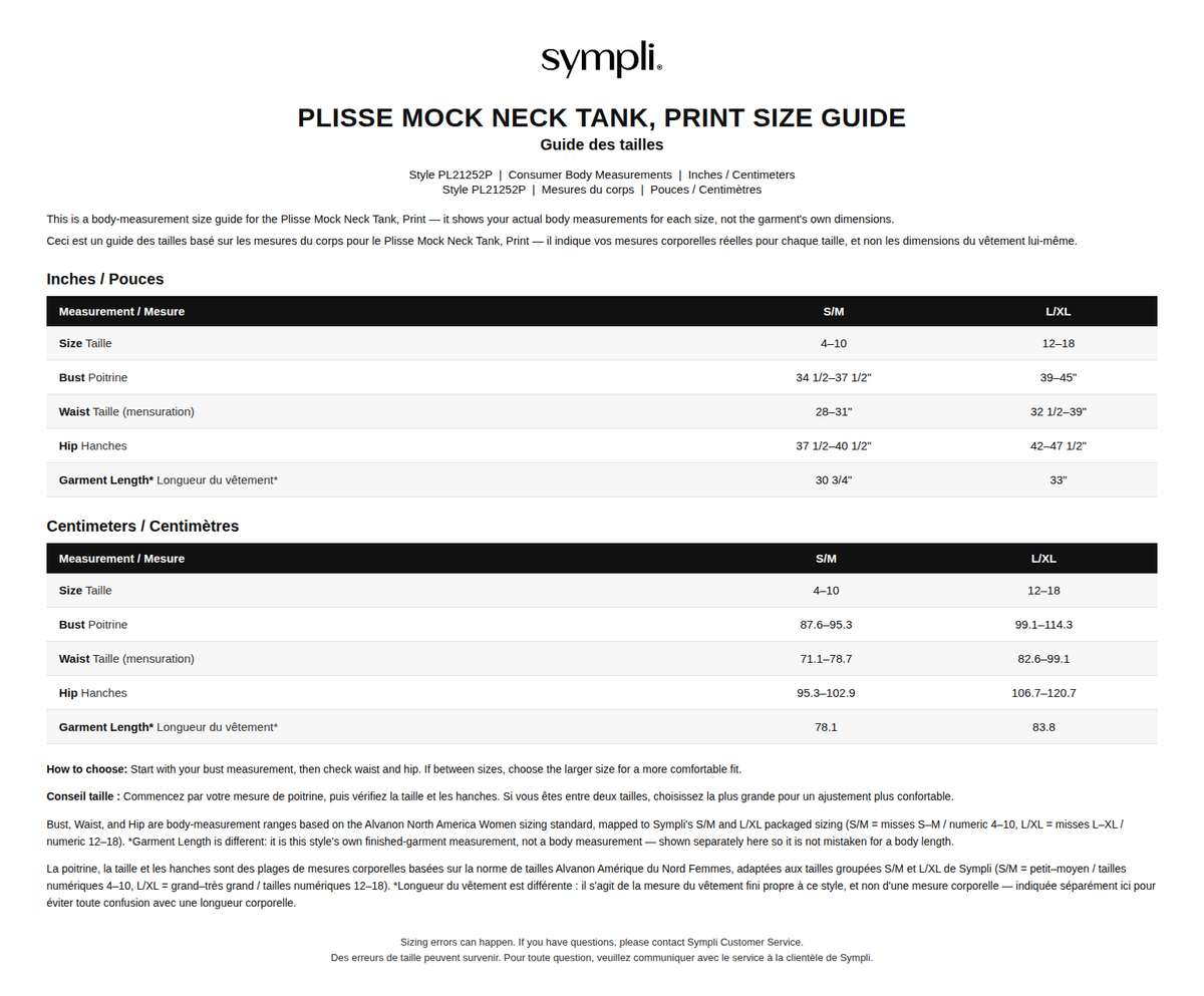 Plisse Mock Neck Tank, Print size chart
