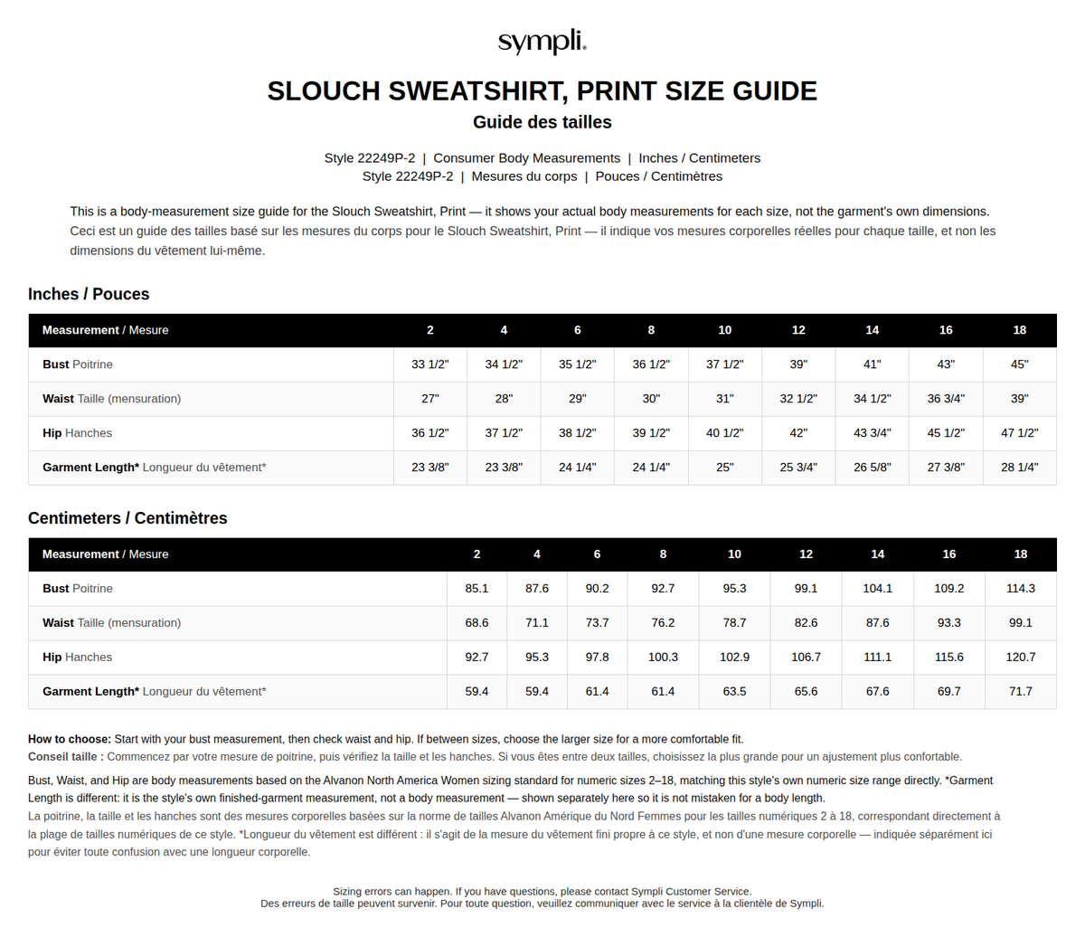 Slouch Sweatshirt Print size chart