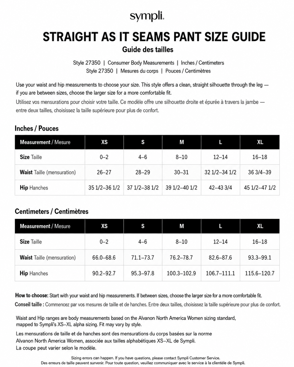Straight As It Seams Pant size chart