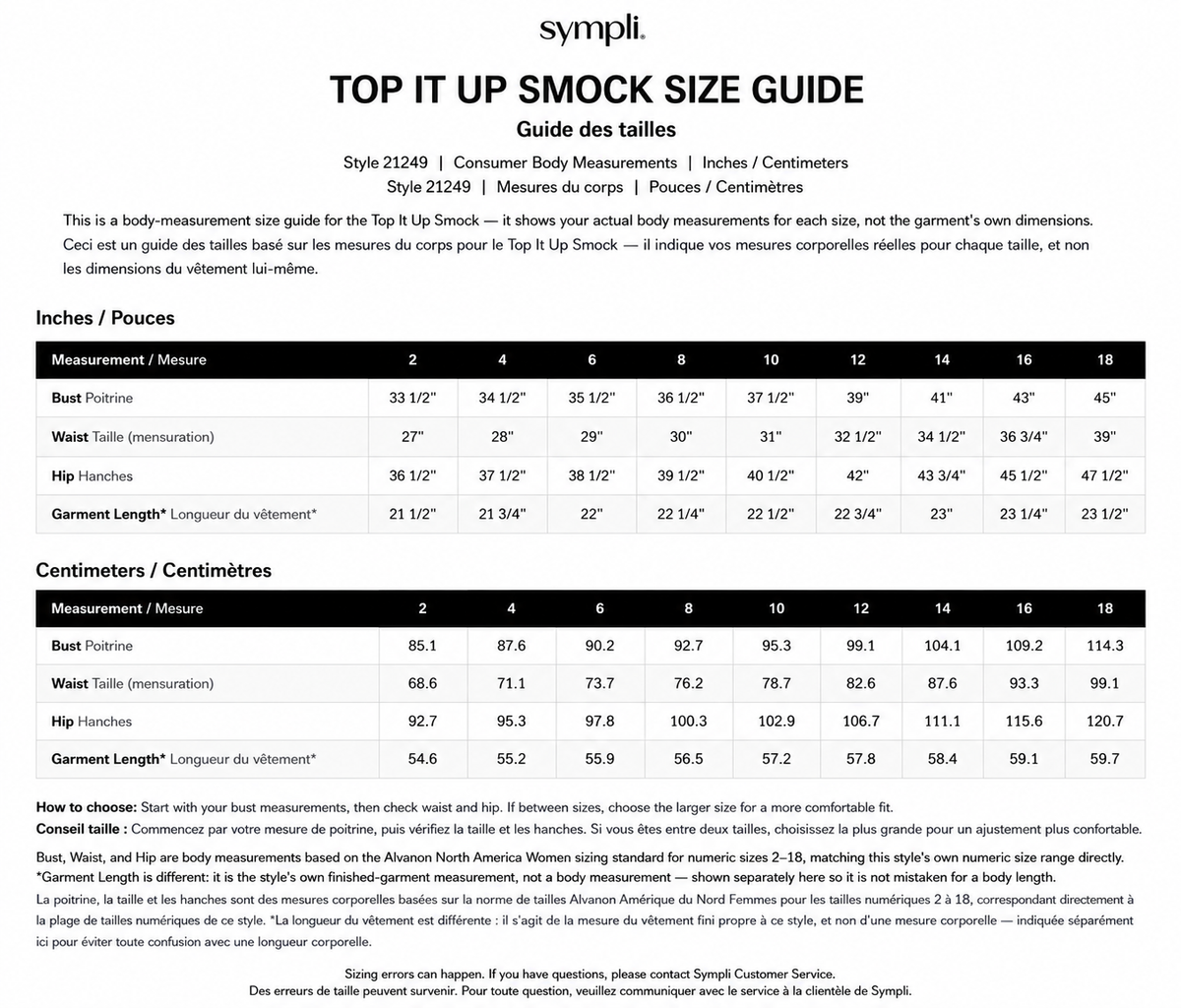 Top It Up Smock size chart