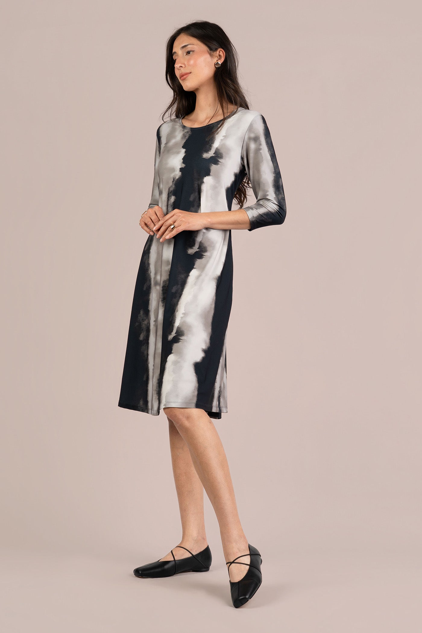 Go To Trapeze Dress Print 3/4 Sleeve