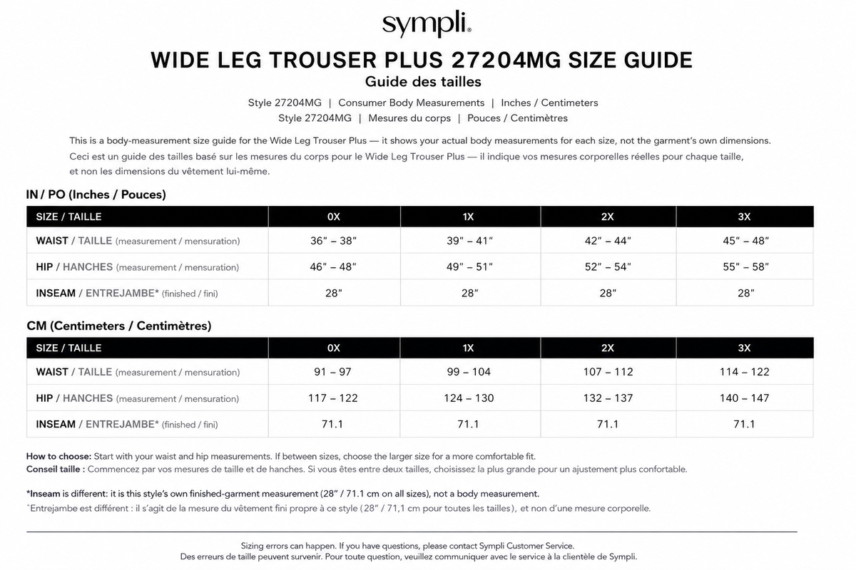 Wide Leg Trouser - Plus size chart