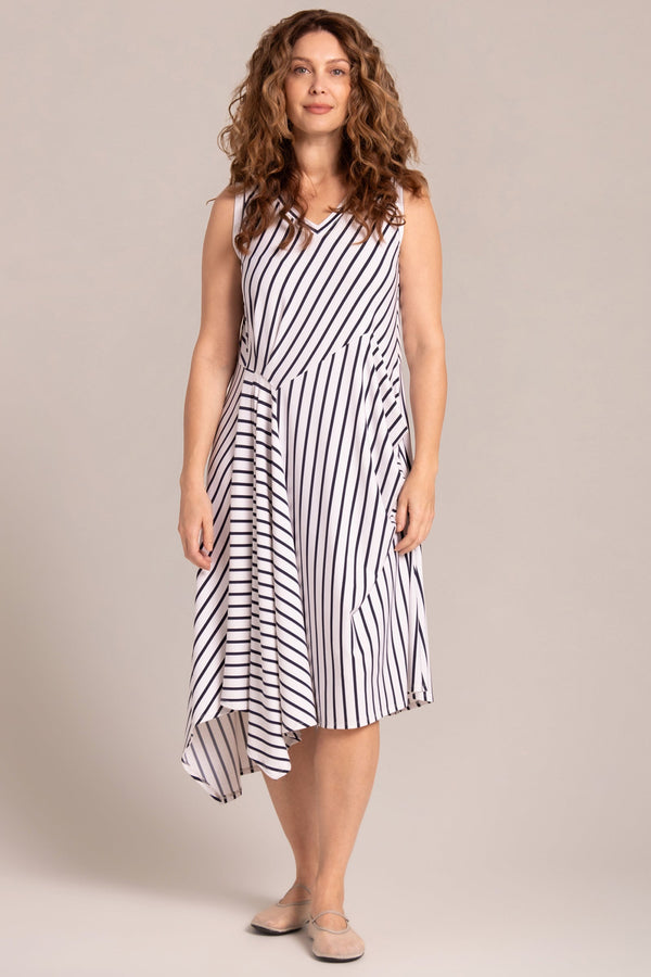 Sleeveless Slant Pocket Dress | Navy Stripe