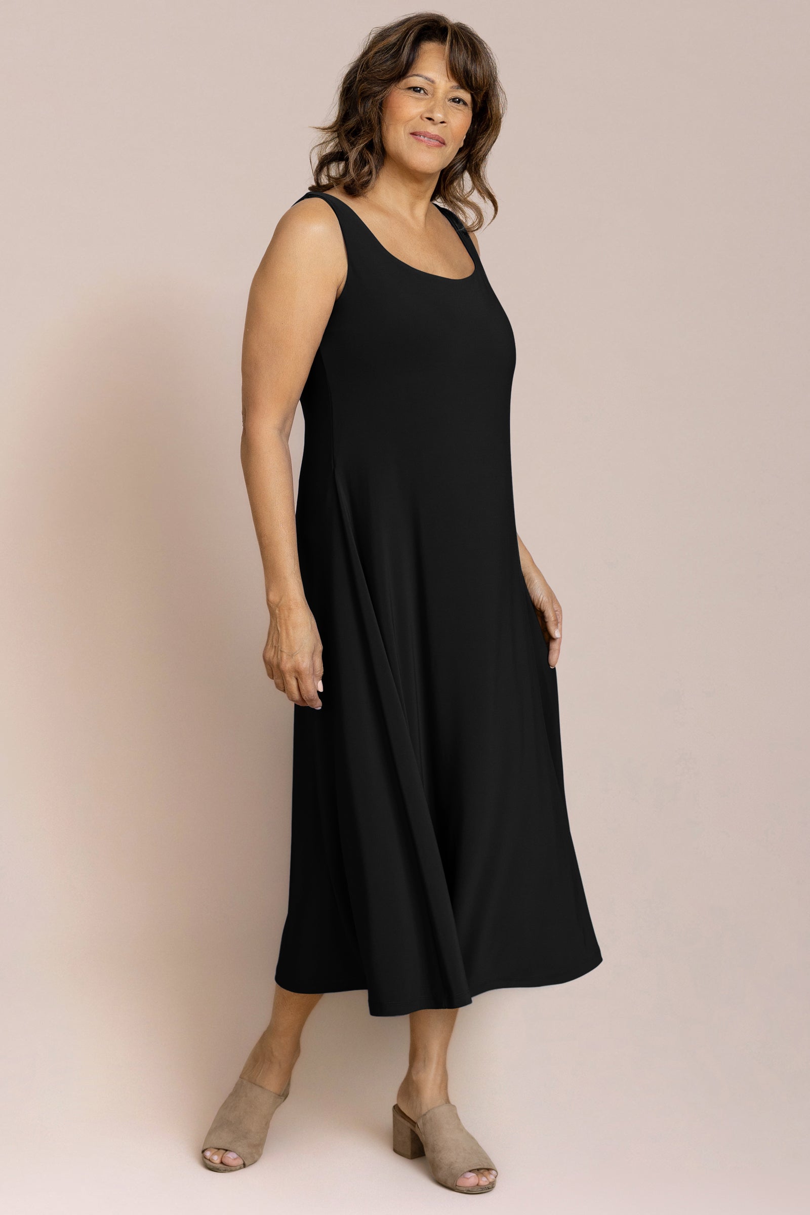 midi fit and flare sleeveless black triangle neck cocktail dress Mikado With V-Back In Midnight Light to Mid Weight Fabric Black Halter Midi Dress -