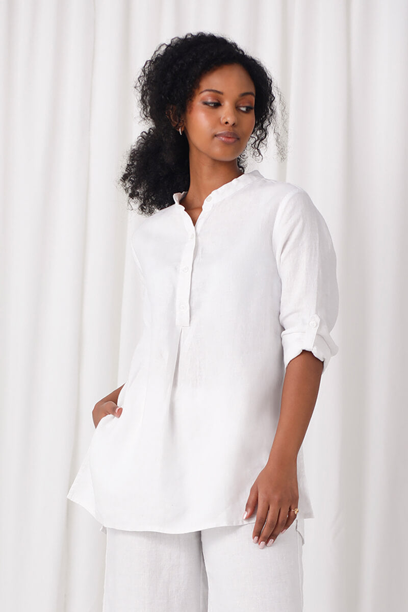 Linen Mandarin Collar Tunic | White