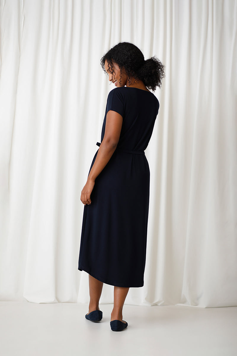 Navy boat neck outlet dress