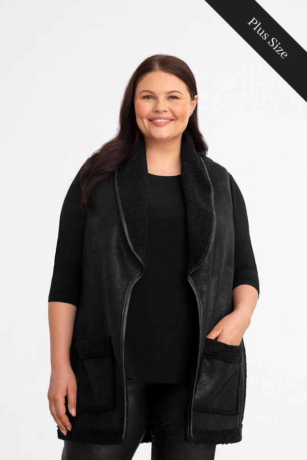 Boucle Shearling Faux Leather Vest Plus | Black